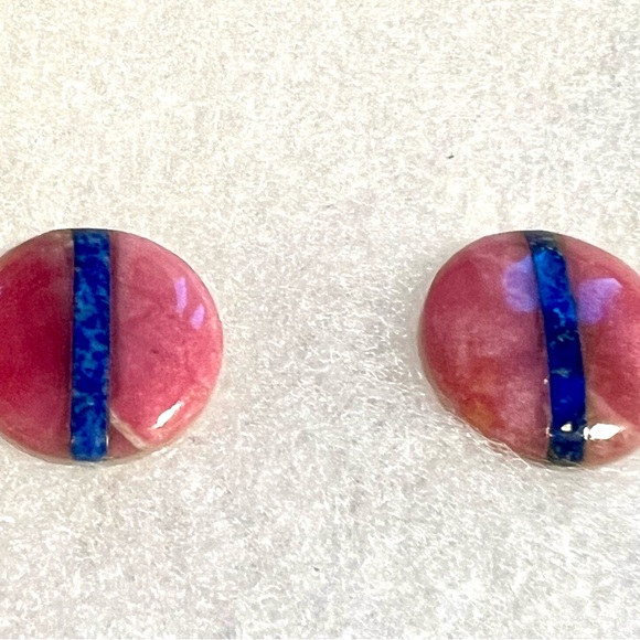 Jewelry - Vintage Pink Blue Earring w inlay lapis lazuli & pink jasper round gemstone bead